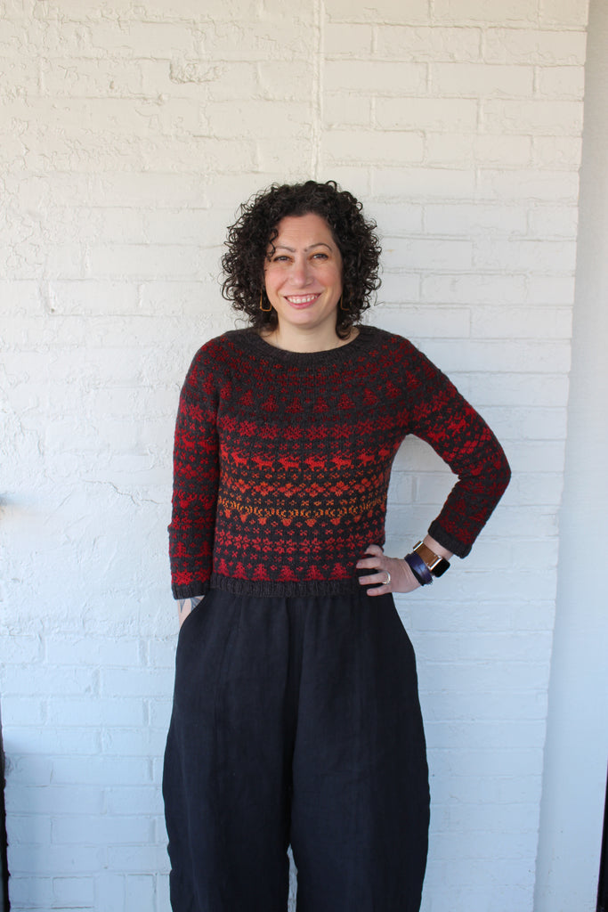 The Festive Yoke Sweater by Skeindeer Knits and the Arthur Pants by Sew Liberated